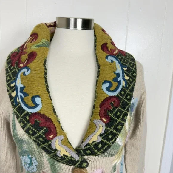 Anthopologie Sleeping On Snow Sweater Coat Hand Painted Poppies Size Medium - Picture 7 of 16